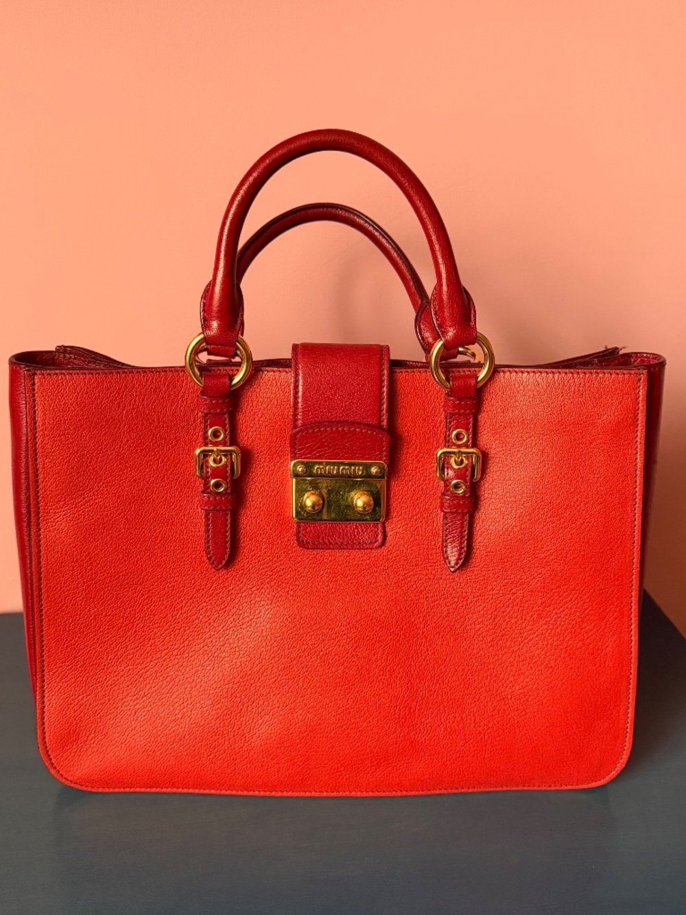 $1,500+ MIU MIU Goat Leather Madras Bicolore Bicolor Bag Handbag Tote Red Orange